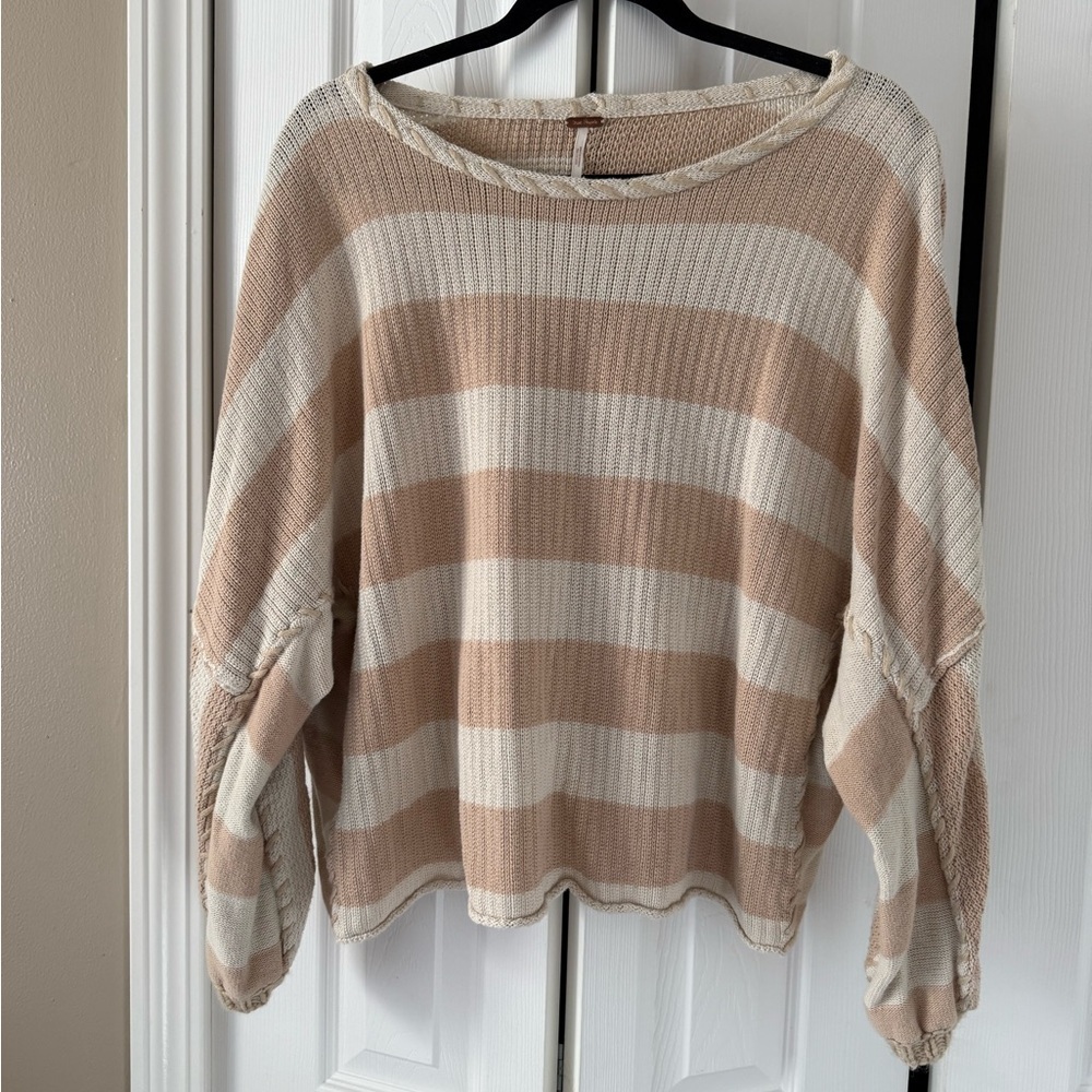 Free People Wide-Stripe Scoop-Neck Sweater in Beige and Cream‎